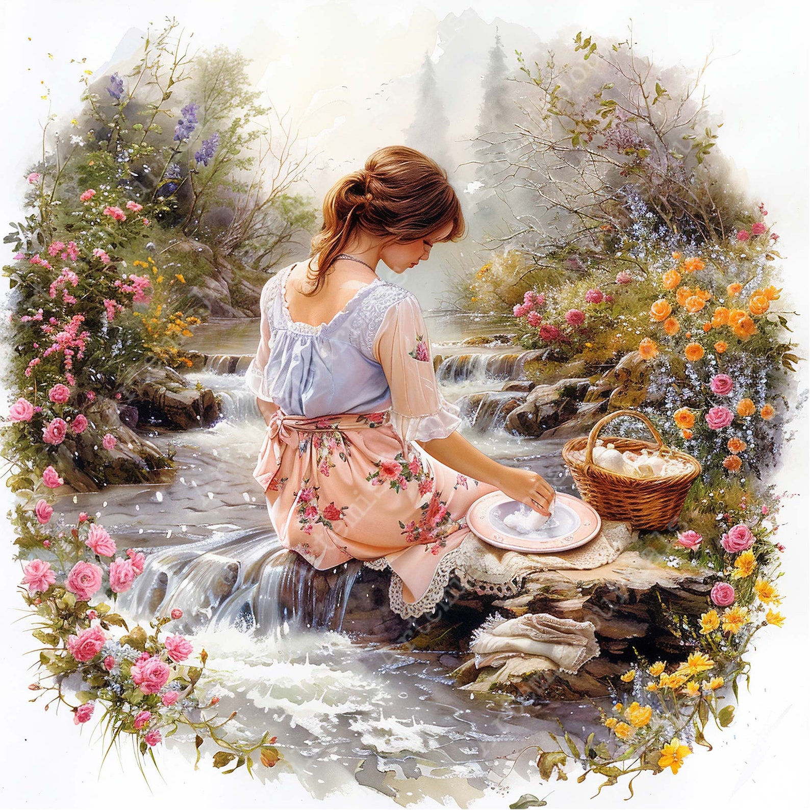 Vintage Shabby Chic Girl at the River Washing Clothes JPEG Laundry Day ...