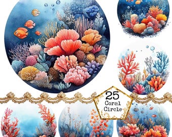 Paquete de imágenes prediseñadas de corales en acuarela (PNG + JPEG). Imágenes prediseñadas de la vida marina. Arte de verano. Descarga instantánea. Manualidades en papel. Diario basura. Scrapbooking.