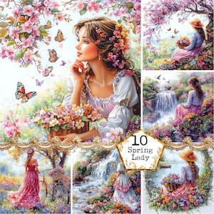 Bundle de cliparts fille aquarelle et fleurs JPG printemps Clipart floral fleurs abstraites Téléchargement instantané Paper Craft Junk Journal Scrapbooking