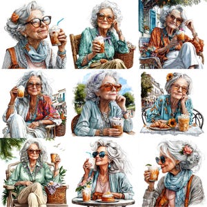 JPEG Watercolor Elderly Lady on Holliday Clipart Bundle Drinking Coffee ...