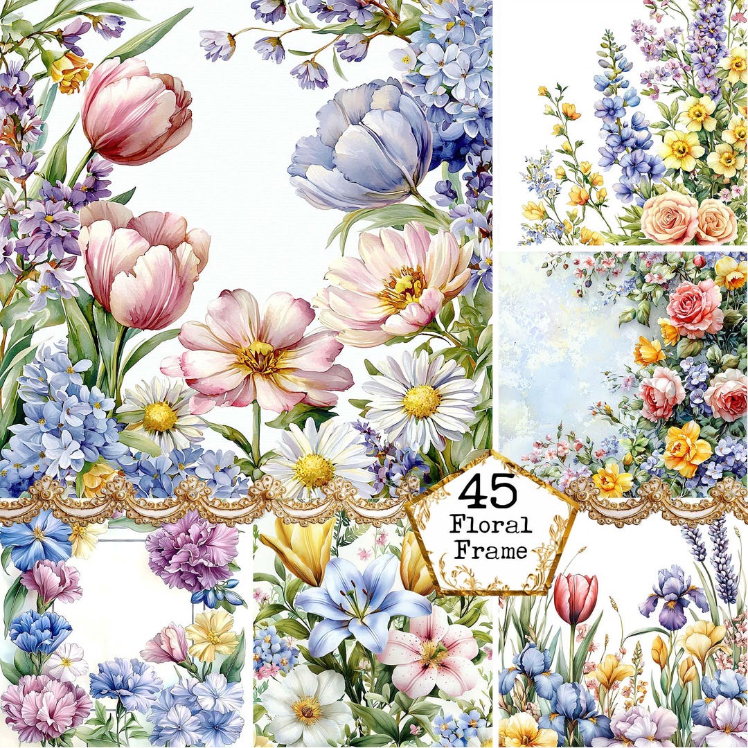JPG Watercolor Spring Floral Frames Clipart Bundle Floral Backgrounds ...