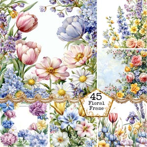 Bundle de cliparts JPG aquarelle fleurs printanières arrière-plans floraux élément fleur Téléchargement instantané artisanat en papier Junk Journal Scrapbooking