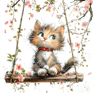 a painting of a cat sitting on a swing
