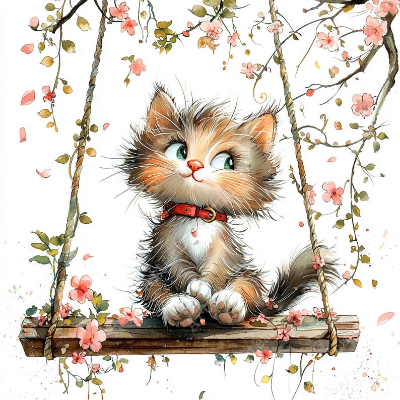 a painting of a cat sitting on a swing