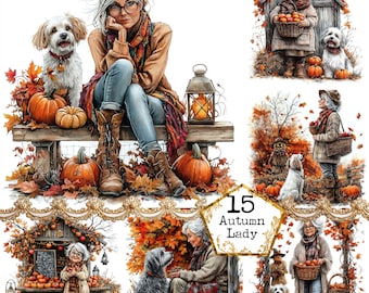 JPEG Cute Grandma Autumn Garden Clipart Bundle Grandma and Pumpkins Halloween Porch Instant Download Paper Crafts Junk Journal Scrapbooking