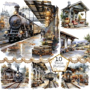 JPEG acuarela Vintage estación de tren Clipart paquete JPEG uso comercial descarga instantánea artesanías de papel diario basura Scrapbooking