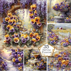 JPEG Aquarell Stiefmütterchen Szene Grafiken Aquarell Blumen Frühling Aquarell Grafiken Sofortiger Download Papier Handwerk Junk Journal Scrapbooking
