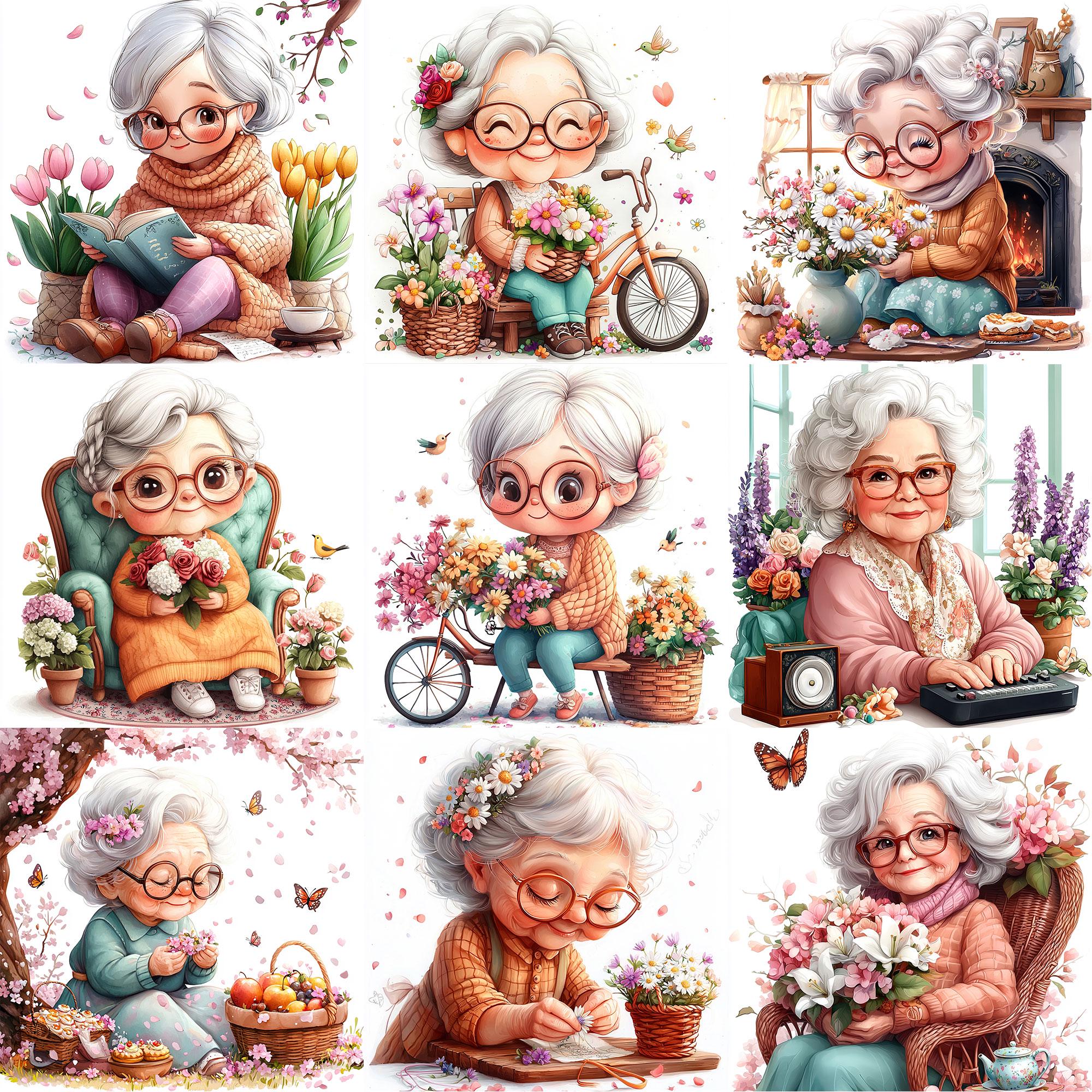 JPEG Watercolor Spring Granny Clipart Bundle Funny Floral Granny Spring ...