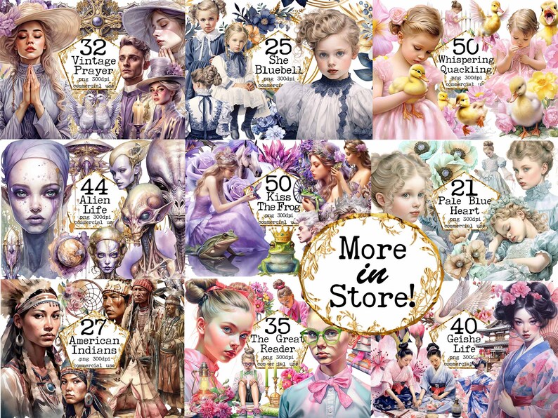 May include: A collection of digital art prints featuring various themes, including vintage prayer, alien life, American Indians, geisha life, and more. Each print is 300 dpi and available for commercial use. The prints are displayed in a collage format with text overlays indicating the theme and price.