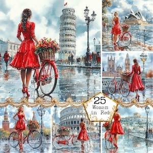 JPEG Acquerello Bella ragazza in un vestito rosso con una bicicletta Clipart Bundle Ragazza di città Download immediato Carta artigianale Diario spazzatura Scrapbooking