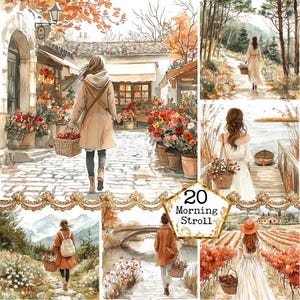 Paquete de imágenes prediseñadas de paseo matutino con acuarela JPEG, hermosa chica dando un paseo, descarga instantánea, comercial, papel, manualidades, diario basura, álbumes de recortes
