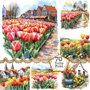 JPEG aquarel tulp scène clipart bundel lente bloemen clipart lente landschap kunst Instant Download papier ambachten ongewenste dagboek scrapbooking