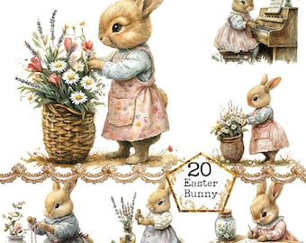 Paquete de imágenes prediseñadas de conejito de primavera en acuarela PNG + JPEG, imágenes prediseñadas de conejito de personaje, arte de primavera, descarga instantánea, manualidades de papel, diario basura, álbumes de recortes