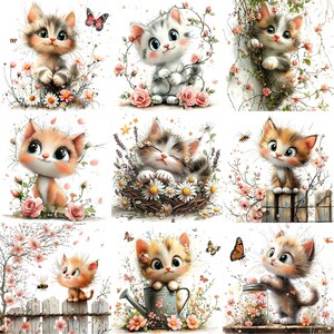 a bunch of pictures of kittens and flowers