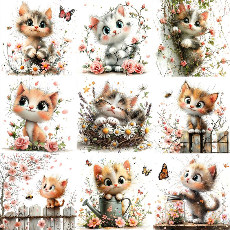 a bunch of pictures of kittens and flowers