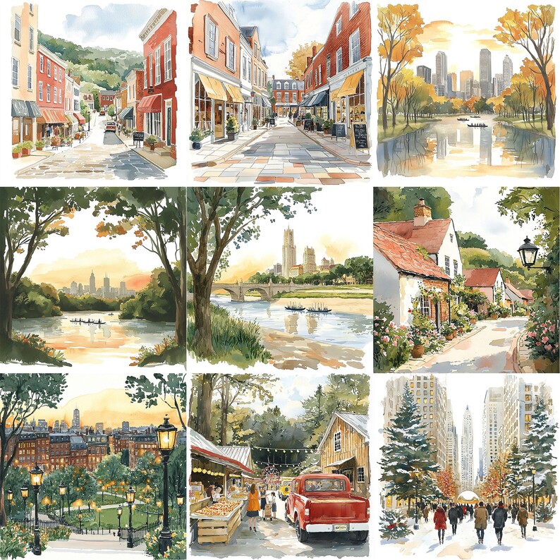 a series of four pictures of a city street