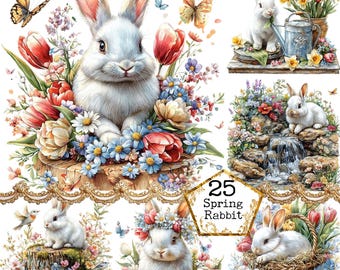 Pode incluir: Um conjunto de 25 imagens digitais com coelhos brancos adoráveis em vários cenários de primavera. As imagens incluem coelhos cercados de flores, em cestas e perto de uma cachoeira. O texto "25 Spring Rabbit" é exibido em um pentágono dourado.
