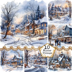 JPEG Acquerello piccolo villaggio invernale JPEG Download istantaneo Inverno Clipart Natale Immagini Commercial Paper Craft Junk Journal Scrapbooking
