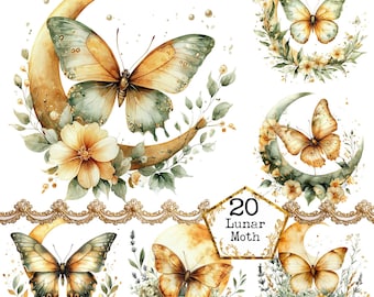 PNG + JPEG  Watercolor Lunar Moth Clipart Bundle Spring Clipart Mystical Moths Art Instant Download Paper Crafts Junk Journal Scrapbooking