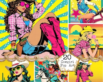 Fondos de arte pop de vaquera JPEG, ilustraciones de vaquera elegante, imágenes prediseñadas de chica de moda, descarga instantánea, manualidades de papel, diario basura, álbumes de recortes