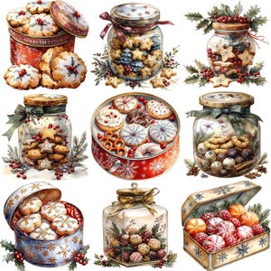 May include: Nine different containers filled with various Christmas cookies and candies. The containers are made of glass, metal, and ceramic and are decorated with snowflakes and other winter motifs. The cookies and candies are a variety of shapes and colors, including stars, hearts, and candy canes.