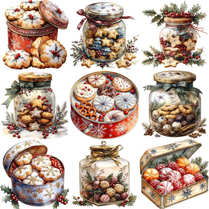 May include: Nine different containers filled with various Christmas cookies and candies. The containers are made of glass, metal, and ceramic and are decorated with snowflakes and other winter motifs. The cookies and candies are a variety of shapes and colors, including stars, hearts, and candy canes.