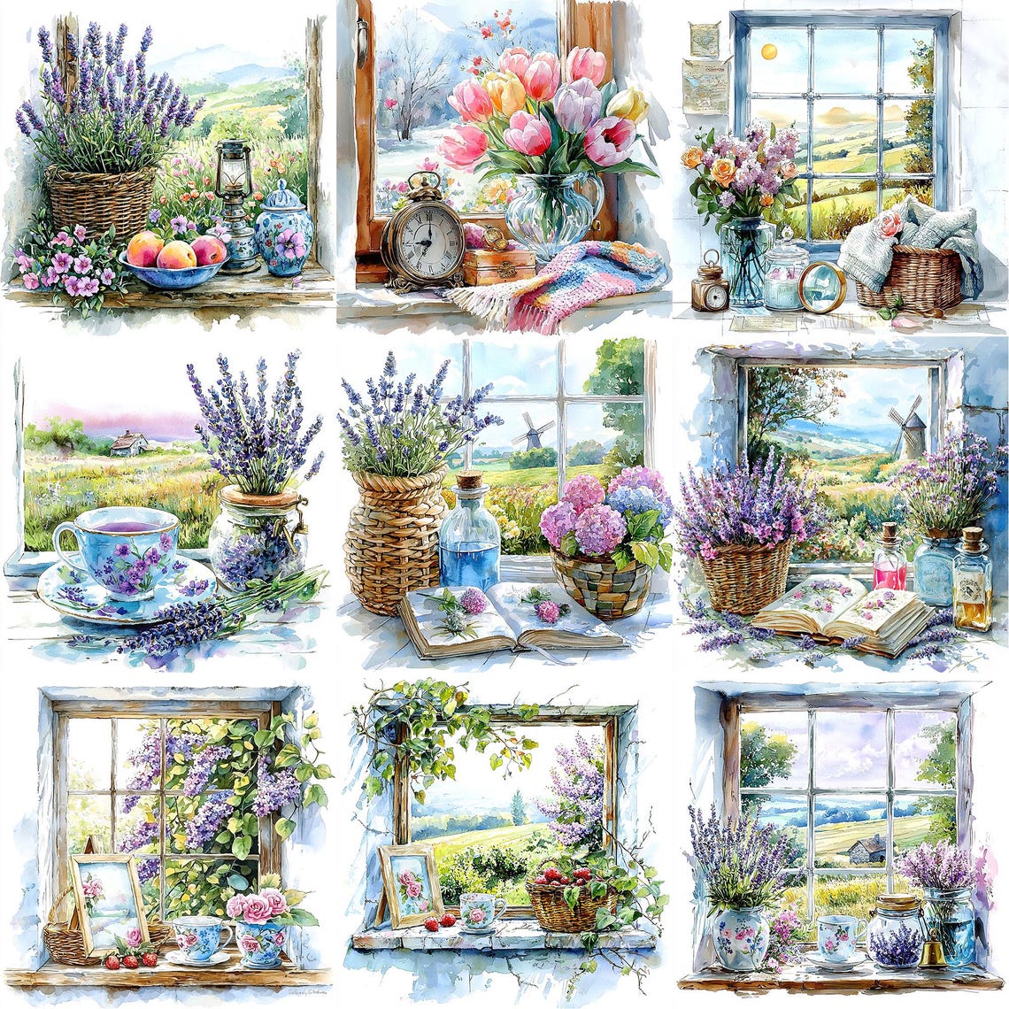 JPEG Watercolor Spring Floral Windows Clipart Bundle Floral Windows ...