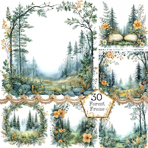 Paquete de imágenes prediseñadas de marcos de bosque con acuarela JPEG, marcos de árboles con borde de bosque, descarga instantánea, manualidades de papel, diario basura, álbumes de recortes