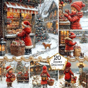 JPEG Scène de Noël à l'aquarelle avec une petite fille Noël faisant du shopping dans la ville de Noël Téléchargement instantané Créations en papier Journal indésirable Scrapbooking
