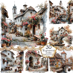 Pacchetto di clipart di case di villaggio europeo dell'acquerello JPEG Village House uso commerciale Download immediato artigianato di carta Junk Journal Scrapbooking