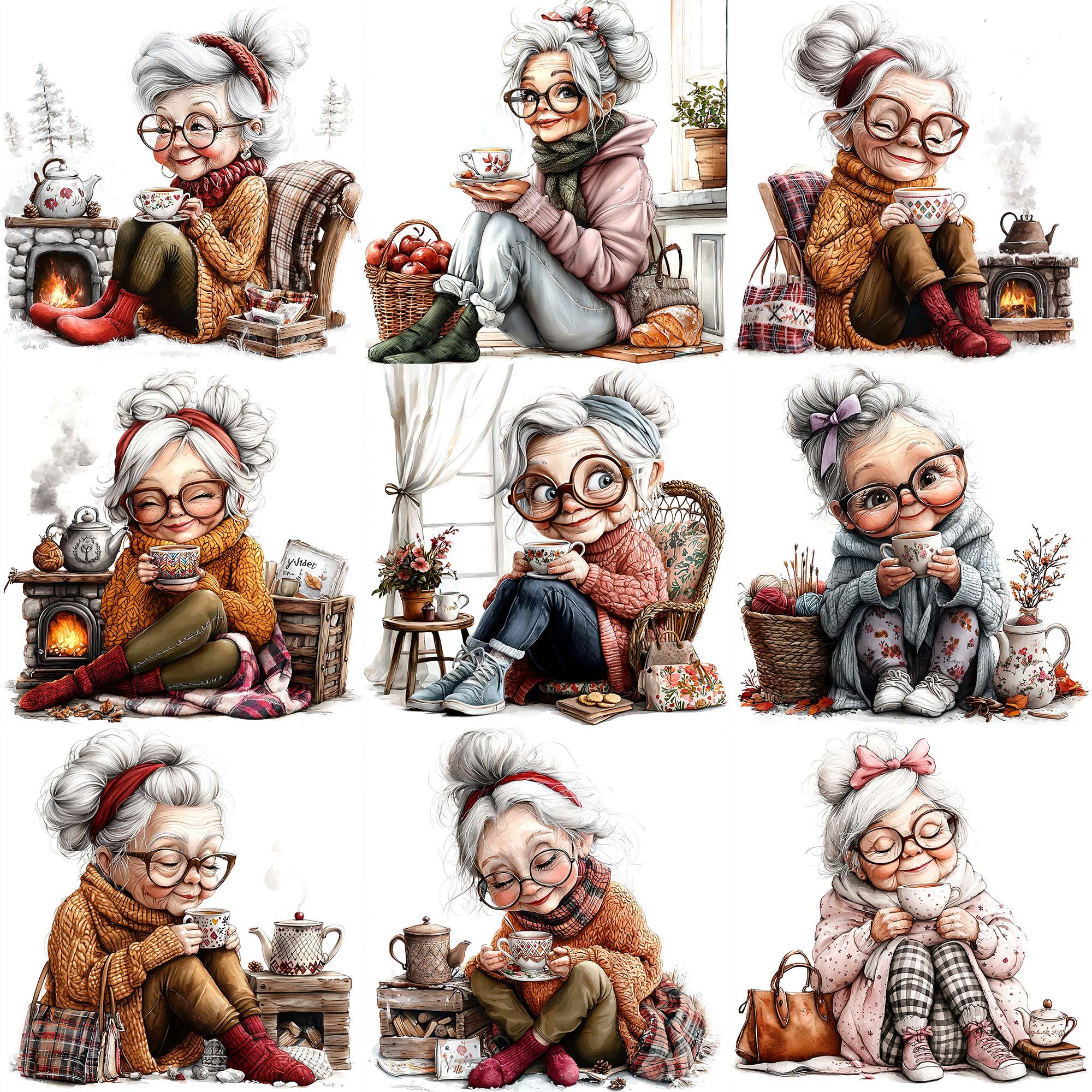 JPEG Watercolor Senior Lady With Hot Tee Clipart Bundle Cozy Granny ...