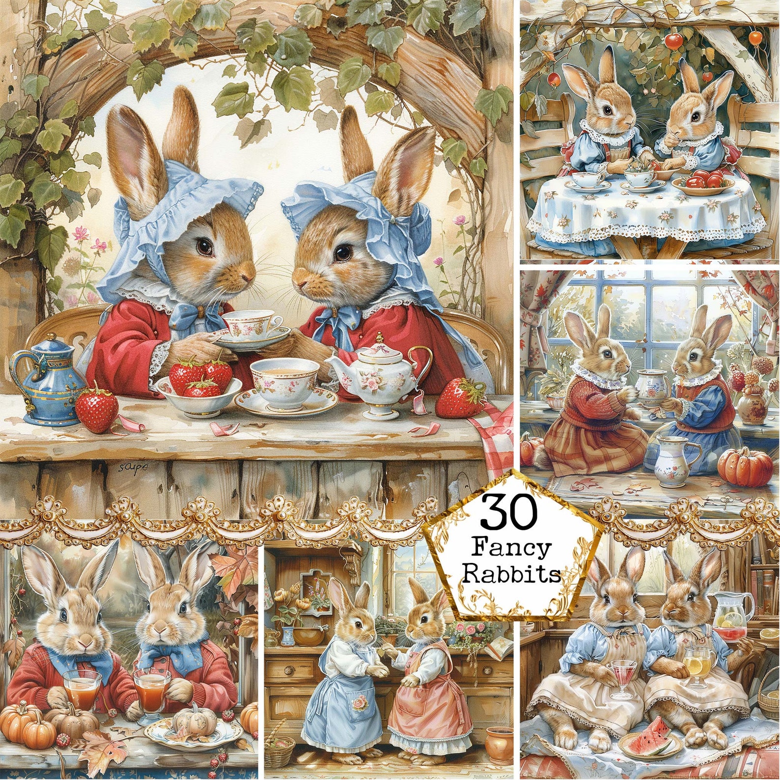 JPEG Watercolor Fancy Rabbit Clipart Bundle JPEG Commercial Use Instant ...