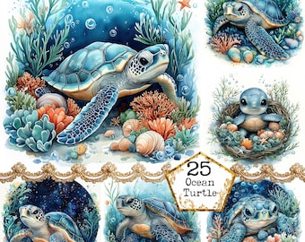 JPEG Watercolor Sea Turtle Clipart Bundle Coral Reef Ocean Clipart Summer Clipart Instant Download Paper Crafts Junk Journal Scrapbooking