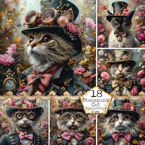 Steampunk floral chat JPEG Steampunk graphiques Illustration de chat fleurs usage commercial Téléchargement instantané papier artisanat indésirable Journal Scrapbooking
