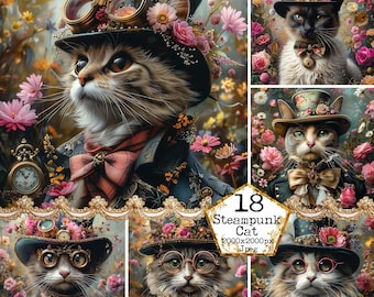 Könnte beinhalten: Eine Collage aus 18 digitalen Illustrationen mit Katzen in Steampunk-Kleidung. Die Katzen tragen Zylinder, Schutzbrillen und andere Accessoires. Der Hintergrund ist ein Blumenmuster.