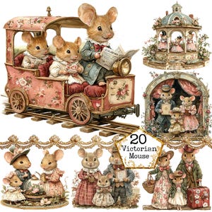 Paquete de imágenes prediseñadas de familia de ratones vintage PNG + JPEG Imágenes prediseñadas de ratón victoriano Descarga instantánea de ratón de fantasía Manualidades de papel Diario basura Scrapbooking