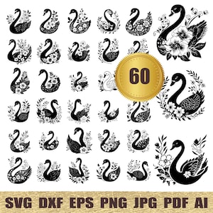 60 Floral Swan svg, dxf, eps, ai, pdf, jpg, png Beautiful Swan Silhouettes Cut File printable vectors commercial use instant download
