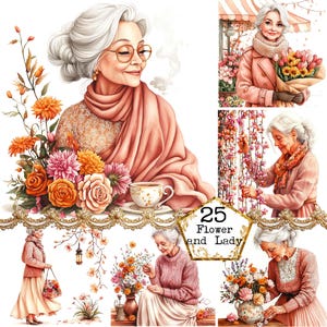 JPEG Watercolor Elderly Spring Lady With Flowers Clipart Bundle Woman on a Field Instant Download Paper Crafts Junk Journal Scrapbooking
