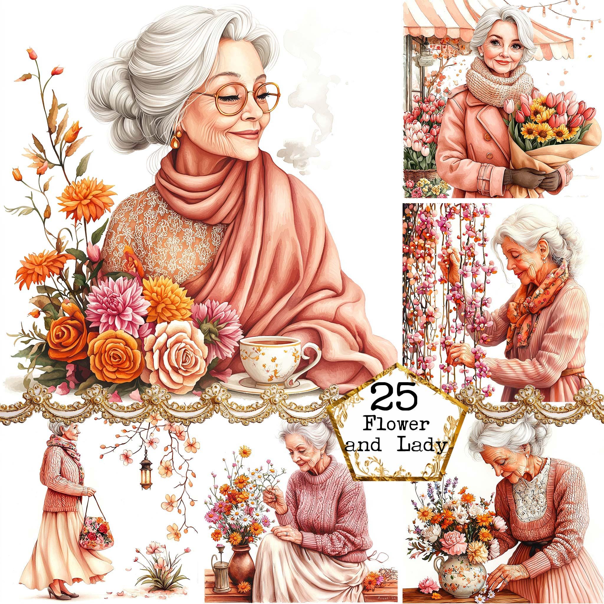 JPEG Watercolor Elderly Spring Lady With Flowers Clipart Bundle Woman ...