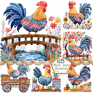JPEG Aquarell Volkskunst Hahn Szene Clipart Bundle Volkskunst Clipart Skandinavischen Instant Download Papier Handwerk Junk Journal Scrapbooking