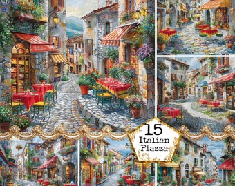 May include: A digital painting of an Italian piazza with colorful buildings, cobblestone streets, and tables with red and white checkered tablecloths. The painting is titled "15 Italian Piazza".