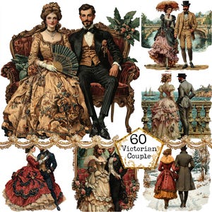 May include: A collection of six vintage illustrations featuring Victorian couples in various settings. The illustrations are in a romantic style and feature couples in elegant clothing. The illustrations are perfect for scrapbooking, card making, or other craft projects.