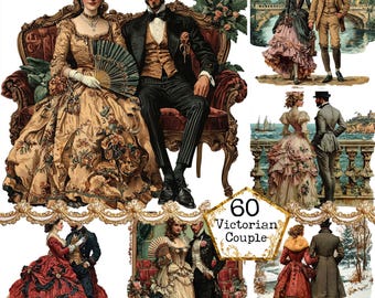 Pacchetto di clipart di coppia vittoriana JPEG Clipart di coppia vintage Clipart di amanti vittoriani Download immediato Artigianato di carta Diario di spazzatura Scrapbooking