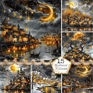 May include: A digital painting of a whimsical village with a harbor, featuring a crescent moon, twinkling lights, and a variety of buildings. The village is surrounded by trees and water, and the sky is a dark blue with stars.