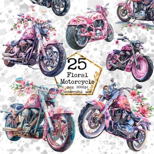 PNG Watercolor Floral Motorcycle Clipart Bundle Pink Floral Clipart Commercial Use Instant Download Paper Crafts Junk Journal Scrapbooking
