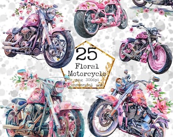 PNG Watercolor Floral Motorcycle Clipart Bundle Pink Floral Clipart Commercial Use Instant Download Paper Crafts Junk Journal Scrapbooking