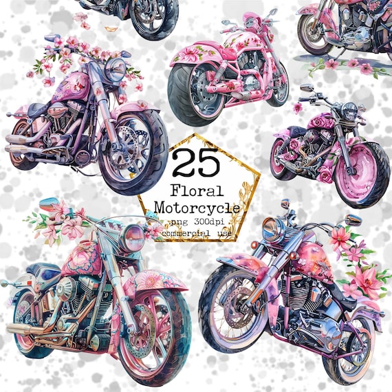 PNG Watercolor Floral Motorcycle Clipart Bundle Pink Floral Clipart Commercial Use Instant Download Paper Crafts Junk Journal Scrapbooking
