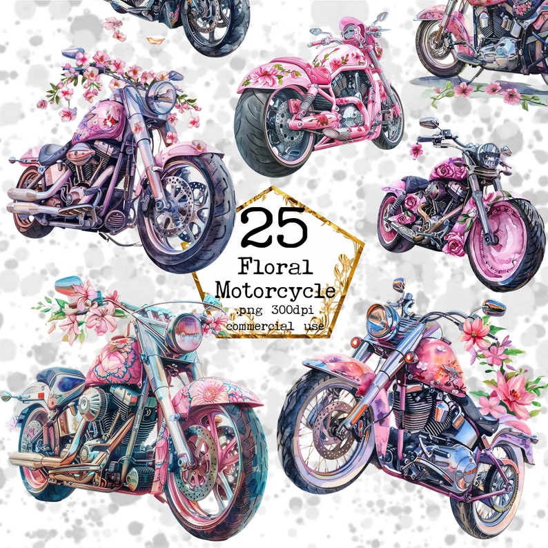 PNG acuarela floral motocicleta clipart paquete rosa floral clipart uso comercial descarga instantánea artesanías de papel diario basura scrapbooking imagen 1