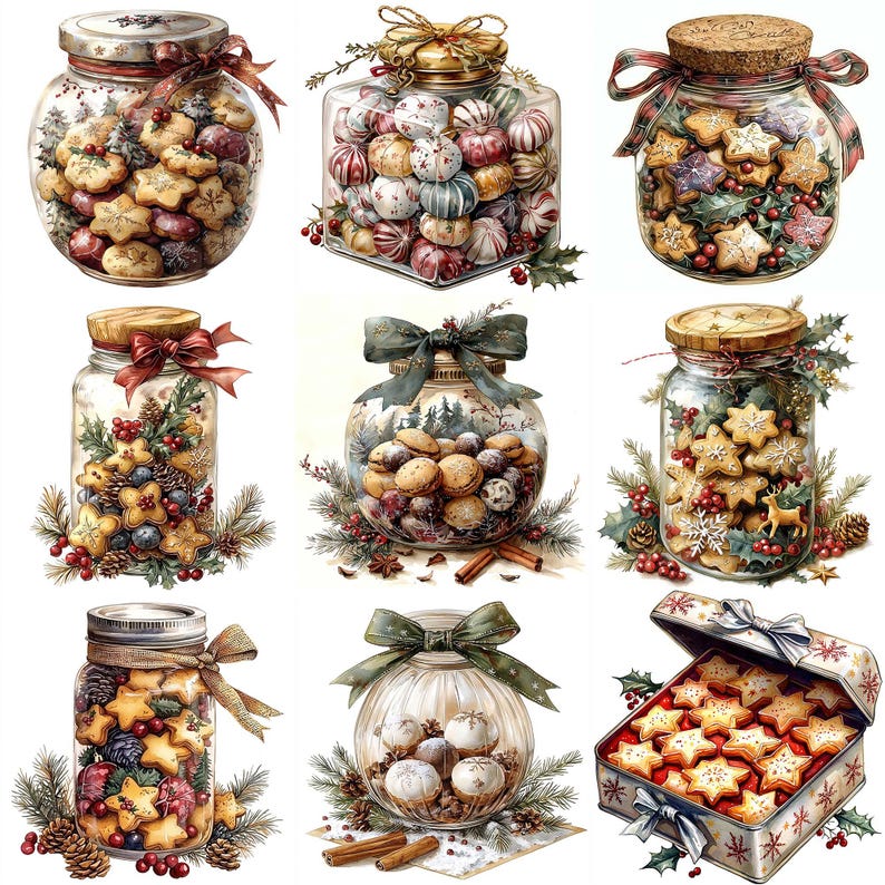 May include: Nine glass jars filled with various Christmas treats, including cookies, candies, and other festive goodies. The jars are decorated with ribbons and bows, and some have sprigs of holly or pine needles. The jars are arranged in a grid pattern on a white background.