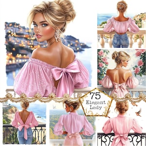 Imágenes prediseñadas de una hermosa vista del balcón y una niña en formato JPEG, paquete de imágenes prediseñadas con vestido rosa, escena de verano junto al mar, descarga instantánea, manualidades de papel, diario basura, álbumes de recortes